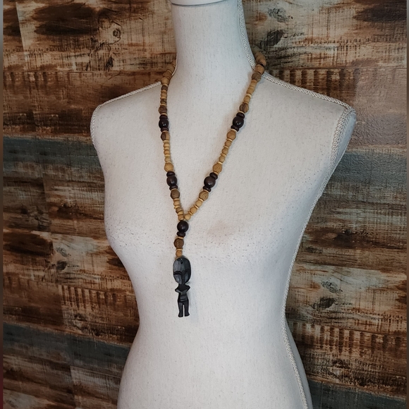 🌟 3 for $15 Deal! 🌟Wooden tiki man necklace with wood beads - Picture 2 of 5